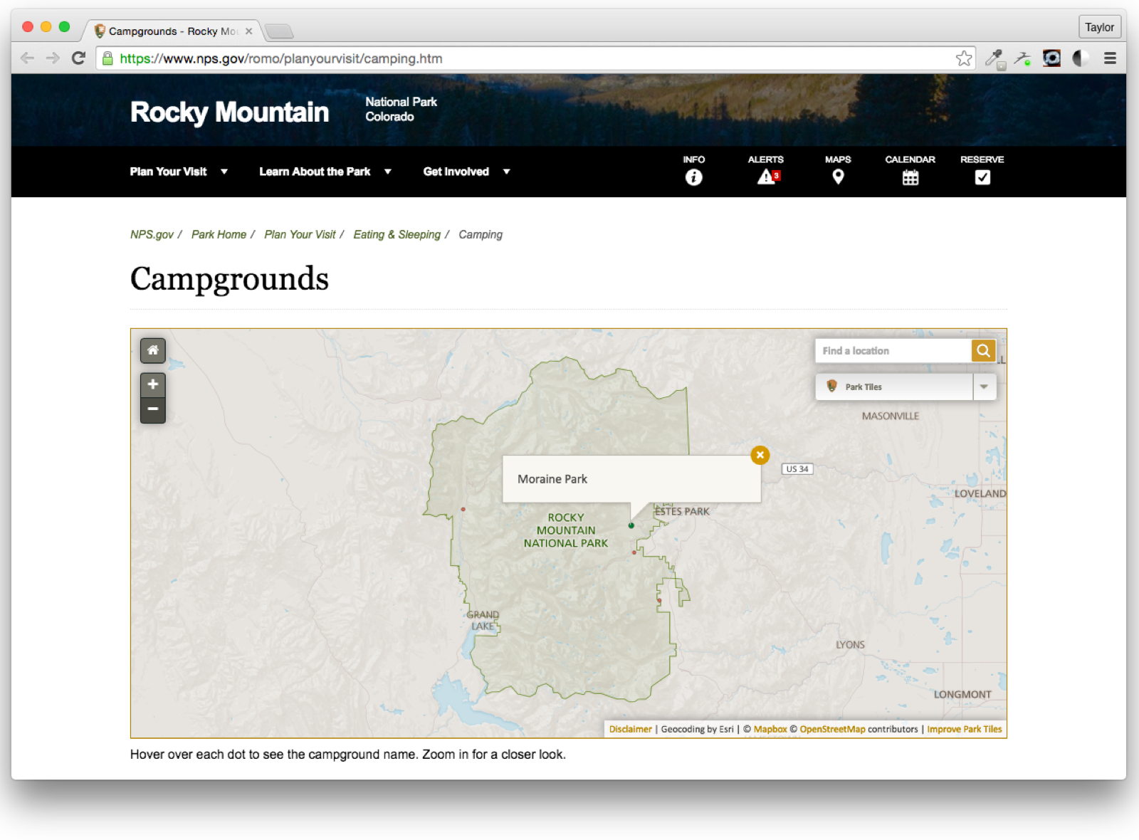 Rocky Mountain National Park Campgrounds page