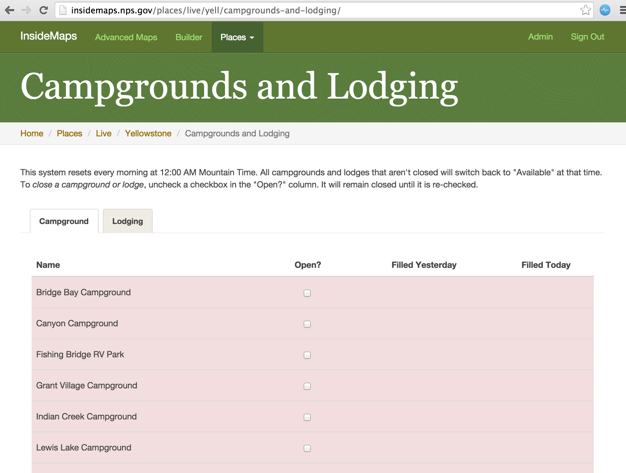 Screenshot of Places Live Campgrounds